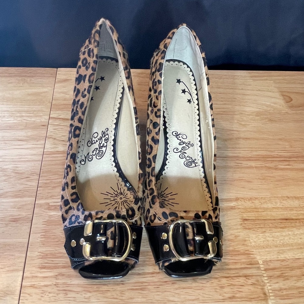 Naughty Monkey Leopard Print Peep Toe Block Heels Buckle Size 10